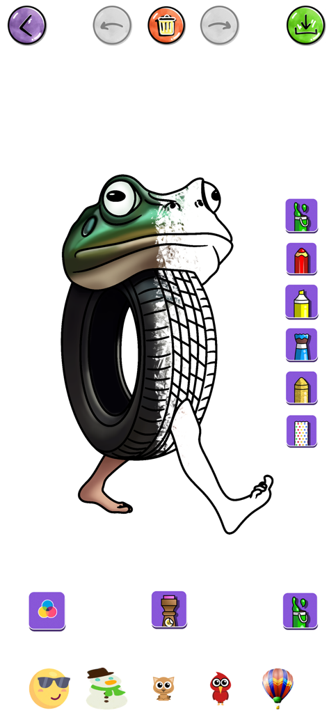 The Brainrot Animals Coloring - A digital coloring interface featuring a surreal meme character with a frog head on a tire with human legs.