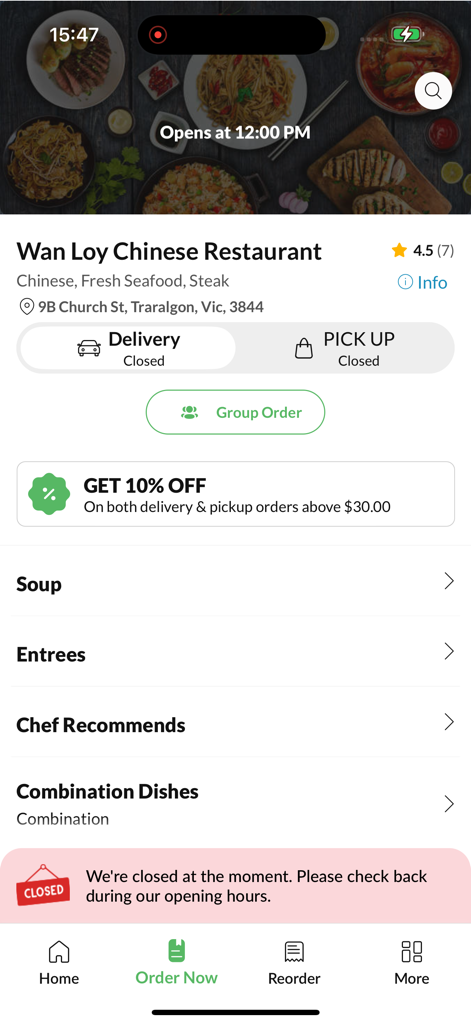 Wan Loy Chinese Restaurant mobile app home screen showing menu categories and a ten percent discount offer