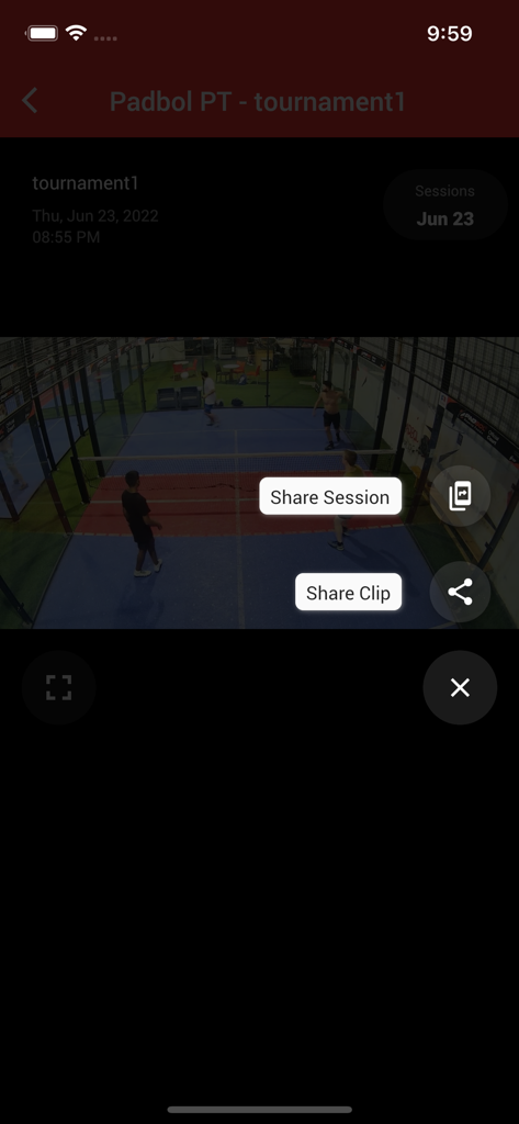 Interface of PUSHIT app showing options to share a sports session or highlight clip from a recorded padbol match