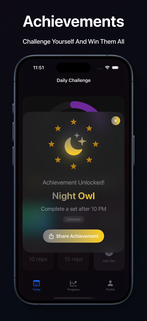 Grease the Groove Workouts - Night Owl achievement badge unlocked in the Grease the Groove mobile app.