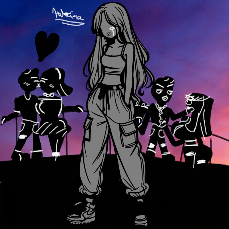 girl in baggy pants crop top and long hair