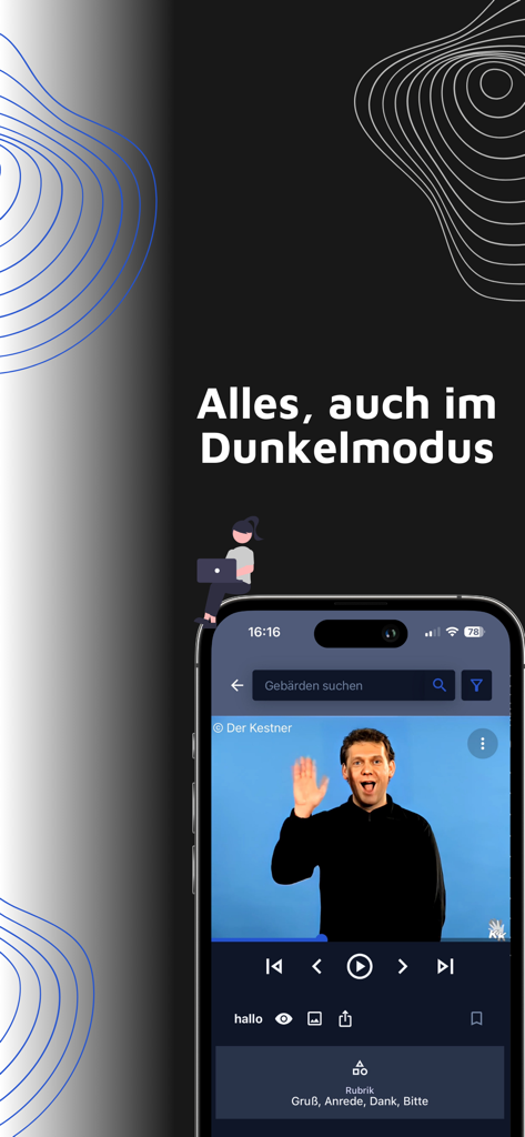 Der Kestner - DGS - Captura de pantalla de la aplicación Der Kestner LSA en modo oscuro que muestra una demostración en vídeo de un gesto de Lengua de Signos Alemana