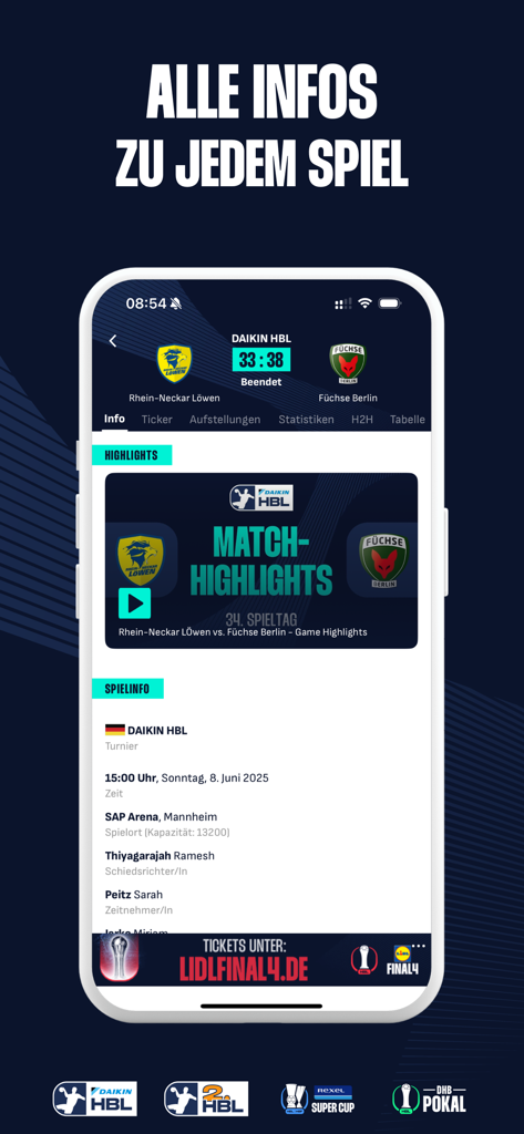 Pantalla de la aplicación DAIKIN Handball-Bundesliga que muestra resultados de partidos, momentos destacados e información de juego para un partido de la liga profesional de balonmano.