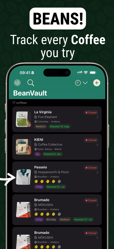 Coffee Bean Tracker - Vault - Screenshot of the BeanVault app showing a list of tracked coffee beans with origin and roast details