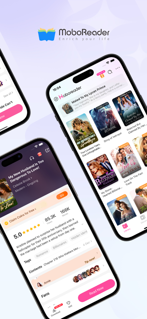 Two smartphones displaying the MoboReader app with a library of romance novels and a book summary page