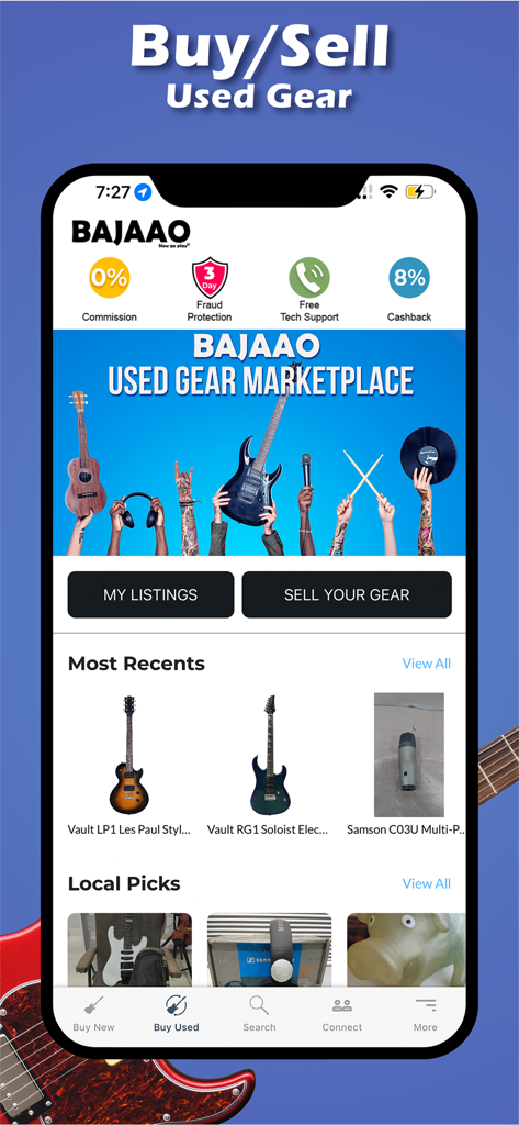 BAJAAO 앱 화면에서 수수료 없이 중고 악기를 구매하고 판매할 수 있습니다.