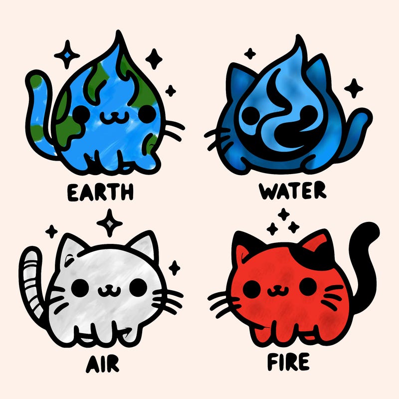 4 cats that represent the different elements, earth, water, air, and fire