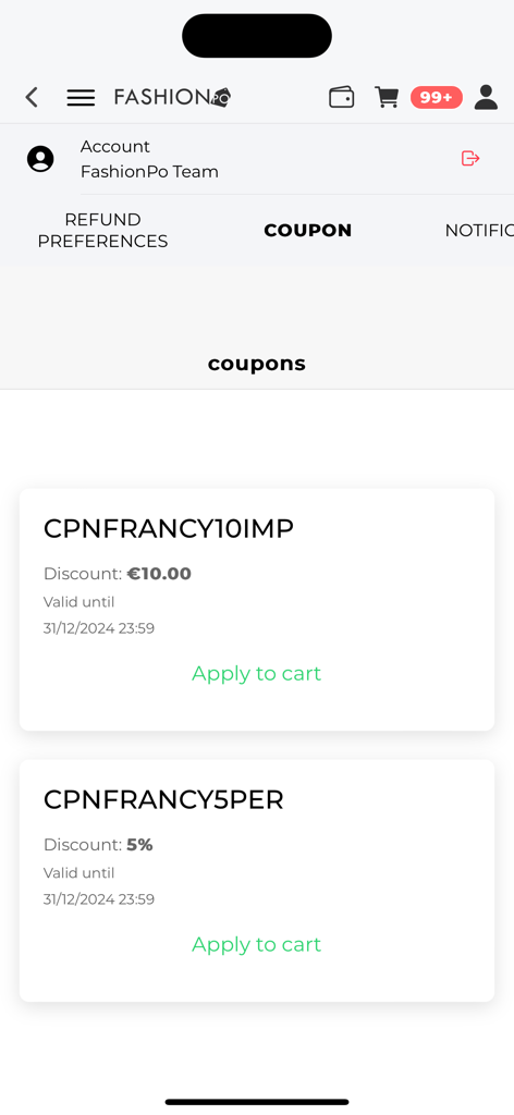 FashionPo - Interfaccia dell'app FashionPo che mostra coupon disponibili e codici sconto per acquirenti di moda all'ingrosso.