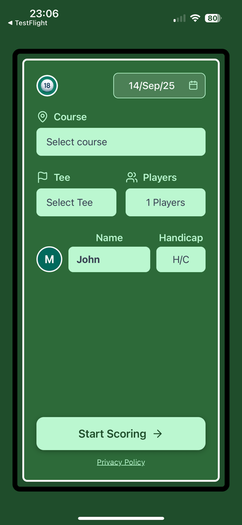 Golf round setup screen in Shots2Points app