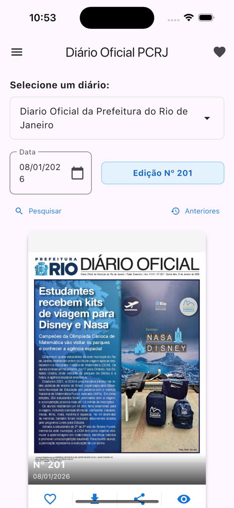 Diário Oficial PCRJ - Interfaz de la aplicación Diario Oficial PCRJ mostrando una publicación oficial del Ayuntamiento de Río de Janeiro.
