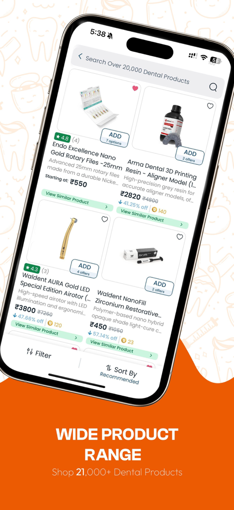 Dentalkart mobile app interface displaying a wide range of professional dental supplies and equipment