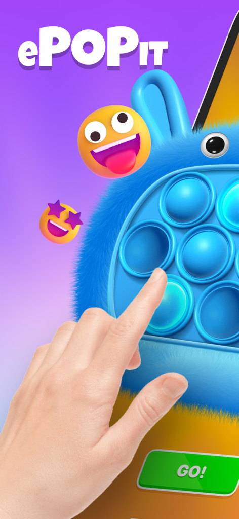 Popit fidget toys 3D top style - Mano haciendo pop a burbujas en un juguete fidget peludo azul 3D