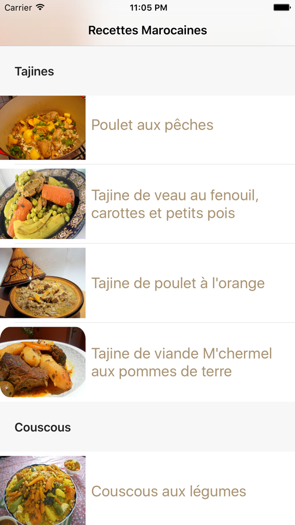 Screenshot of the Moroccan Cuisine app showing a list of traditional tajine and couscous recipes with images