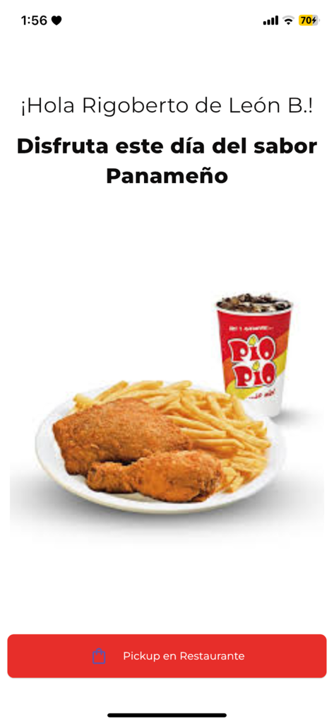Interfaz de la App Pio Pio mostrando una comida de pollo frito y una opción de recogida en el restaurante.