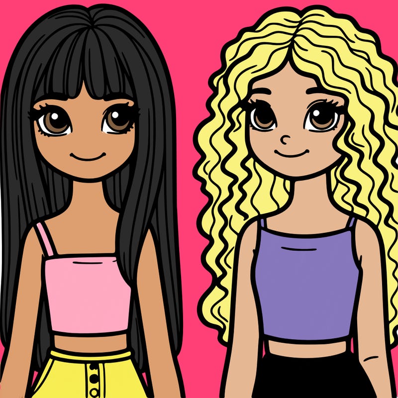 2 girl teens one with straight hair and one with curly hair