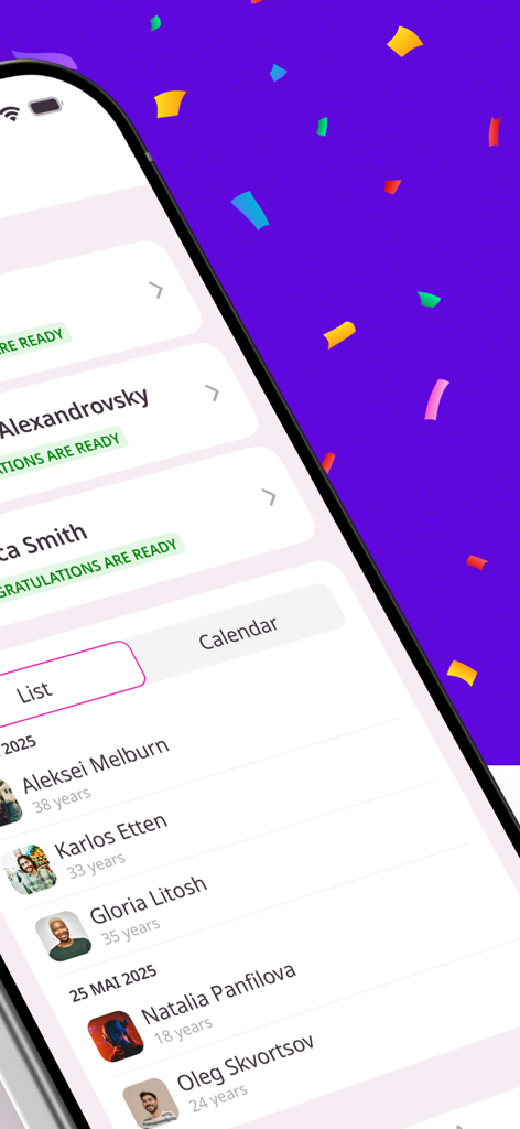 Interface de l'application CongAI montrant les anniversaires à venir et les messages IA prêts