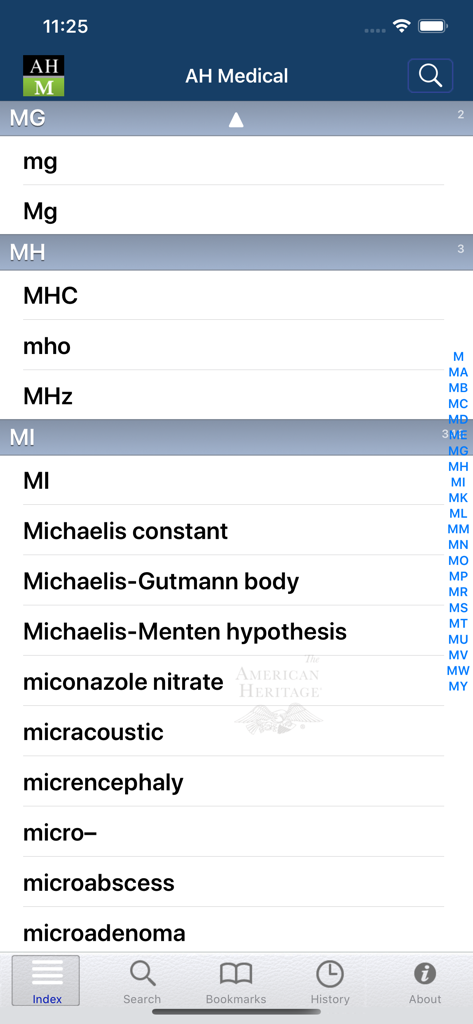 American Heritage® Medical - Alphabetical index of medical terms and drug names in the American Heritage Medical app interface