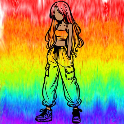 girl in baggy pants crop top and long hair