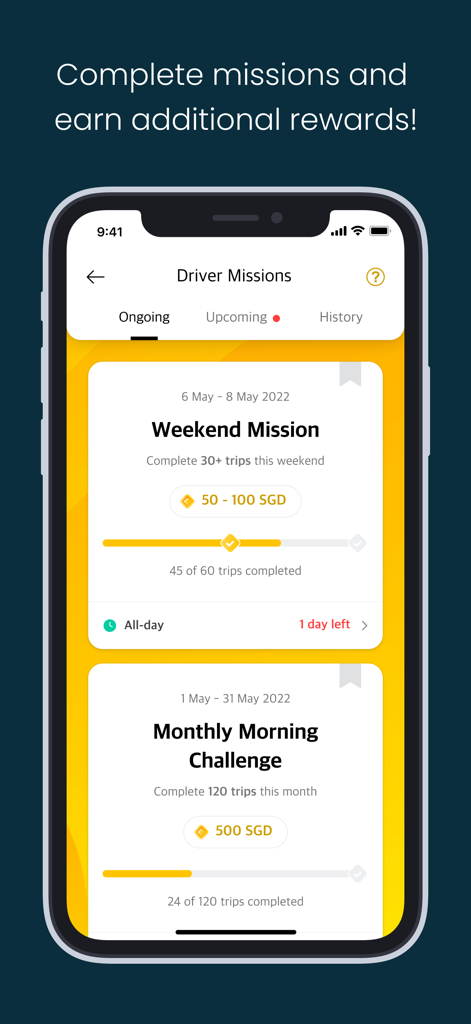TADA Driver app screen displaying weekend and monthly missions with reward progress