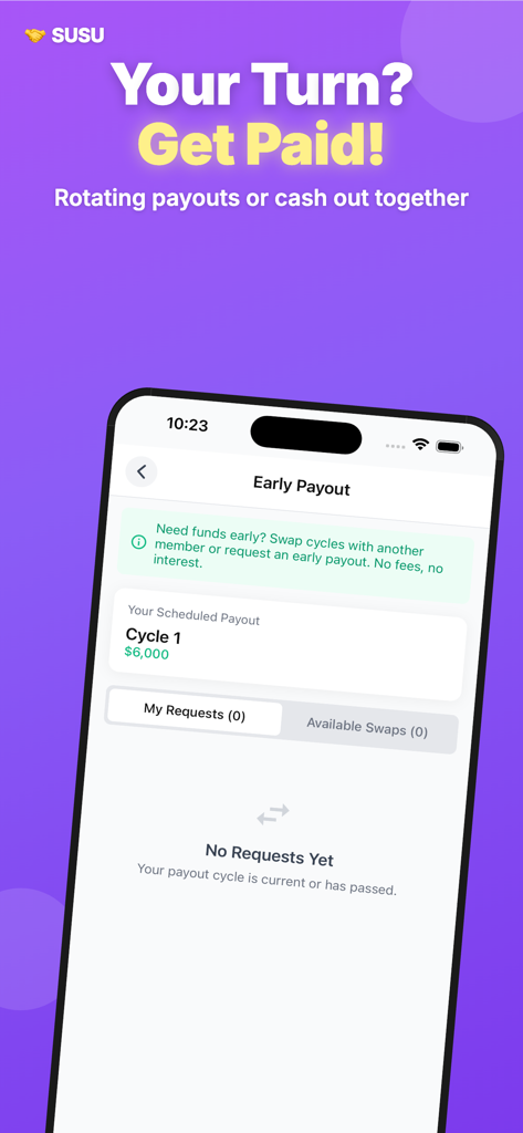 SUSU Circles - SUSU Circles mobile app screen showing rotating savings payouts and early payout request options