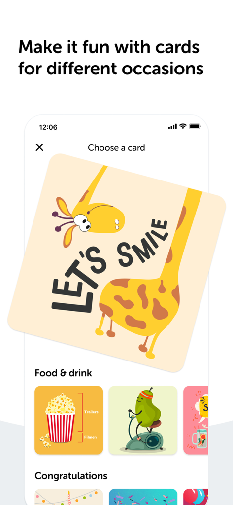 Swish mobile app interface showing a selection of fun illustrated digital cards for payment transactions