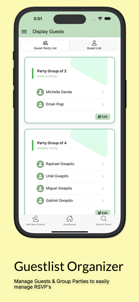 Interfaccia di un'app mobile per l'organizzazione delle liste degli invitati al matrimonio e dei gruppi della festa per gli RSVP