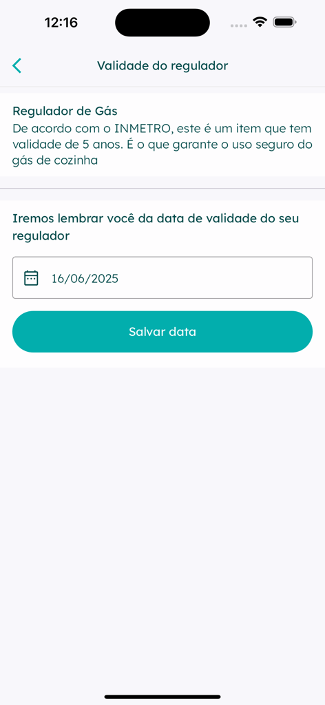Preço do Gás - A screen in the Preco do Gas app where users can set and save the expiration date of their gas regulator for safety reminders