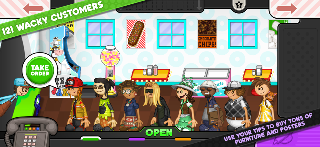 A line of diverse customers waiting at the counter in the Papas Donuteria shop lobby