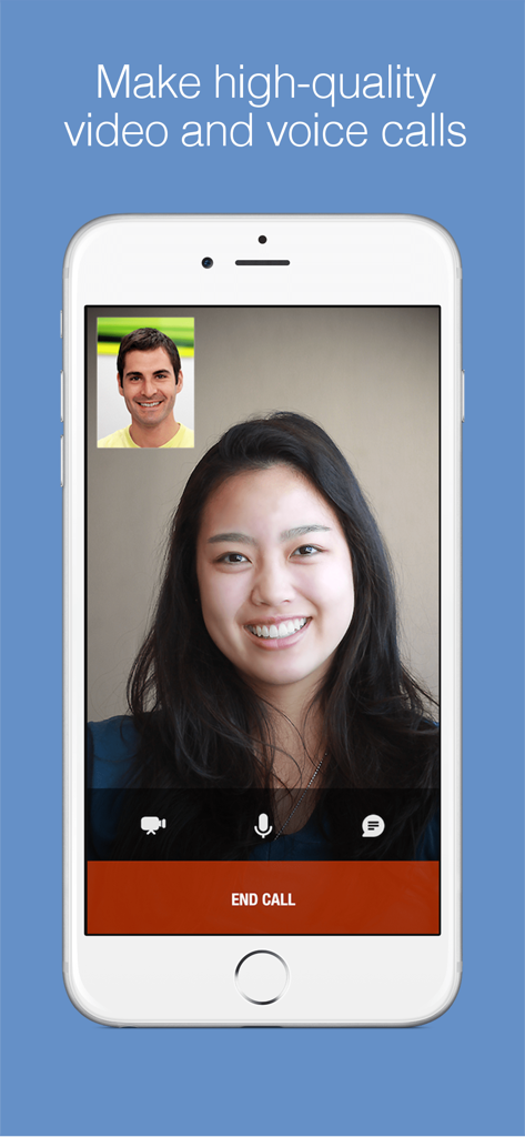 imo Pro video calls and chat - User interface of imo Pro showing a high quality video call with two smiling participants