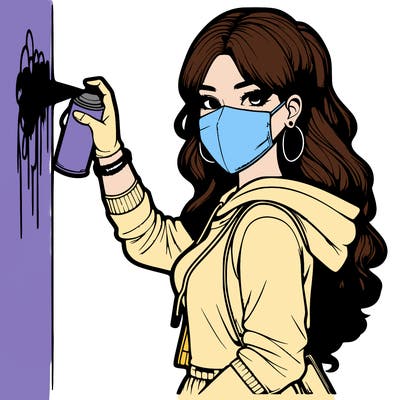 realistic girl with mask spray painting a wall