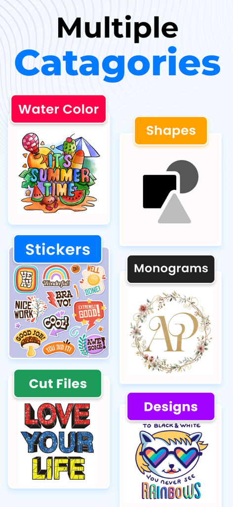 Sublimation Designer Printer ! - Una variedad de categorías de diseño para sublimación que incluyen acuarela, pegatinas, monogramas y archivos de corte.