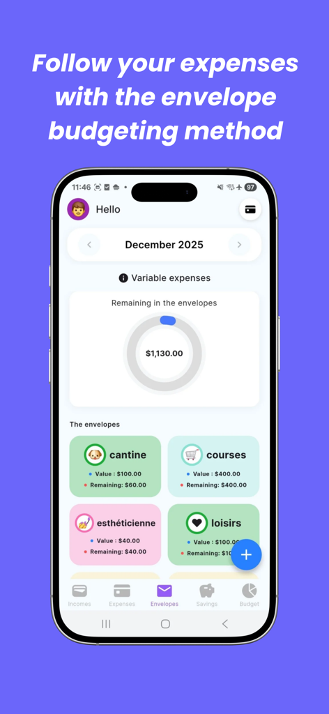 Finzee mobile app interface showing the digital envelope budgeting method with expense categories and remaining balance.