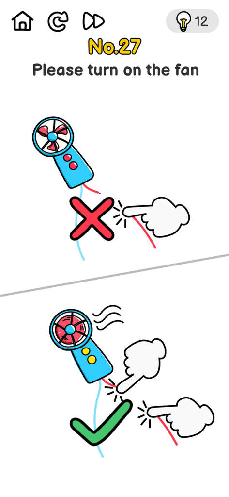 Brain Out puzzle level where a player uses two fingers to complete a broken wire circuit and turn on a hand-held fan.