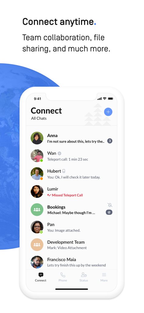 anywhere.app - Interface of the anywhere.app showing the Connect screen with various team chat conversations for remote collaboration