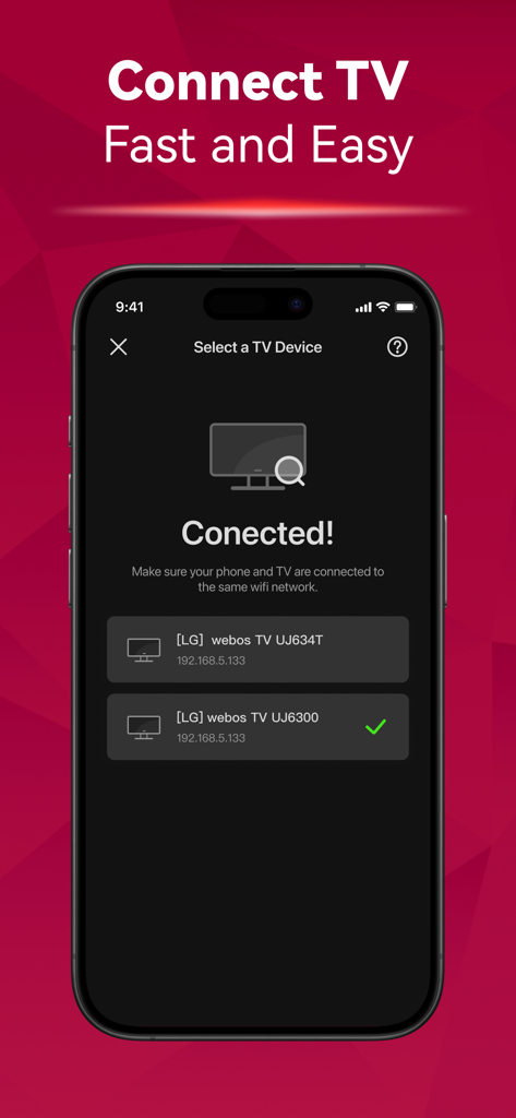 Free TV Remote™ for LG TVs - Pantalla de configuración de la aplicación de control remoto para TV LG que muestra una lista de televisores inteligentes detectados en la misma red Wi-Fi.