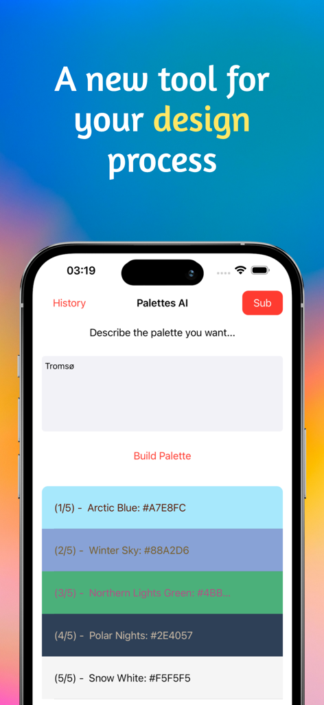 Color Palette Generator AI - iPhone 画面に、プロンプト Tromso から生成されたカスタム カラー スキームを持つ Color Palette Generator AI アプリが表示されています