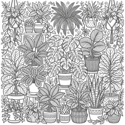 Dive into a vibrant world of greenery with this detailed coloring page featuring a rich assortment of foliage houseplants. Explore unique leaf patterns and textures, ready for your creative touch.