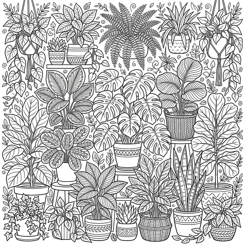 Dive into a vibrant world of greenery with this detailed coloring page featuring a rich assortment of foliage houseplants. Explore unique leaf patterns and textures, ready for your creative touch.