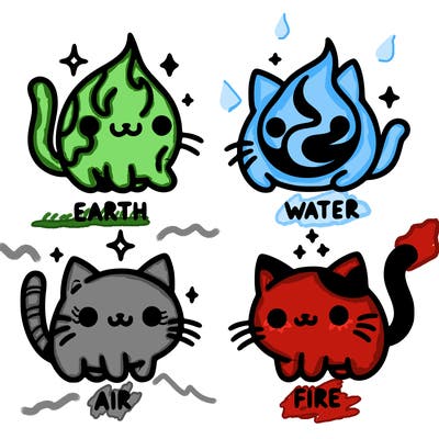 4 cats that represent the different elements, earth, water, air, and fire