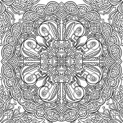 Dive into a unique coloring challenge with this intricate mandala, cleverly designed with elements of powerful asphalt pavers. Perfect for those who appreciate both mechanical details and symmetrical art.