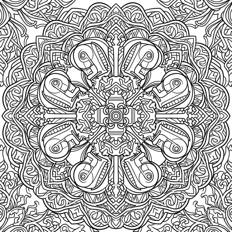 Dive into a unique coloring challenge with this intricate mandala, cleverly designed with elements of powerful asphalt pavers. Perfect for those who appreciate both mechanical details and symmetrical art.