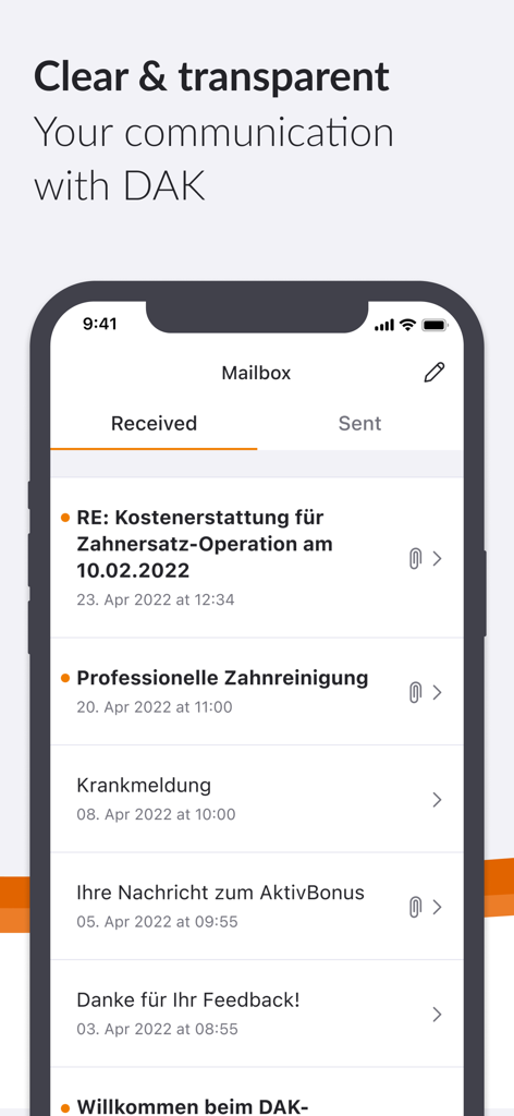 DAK app interface showing a secure digital mailbox with a list of insurance messages