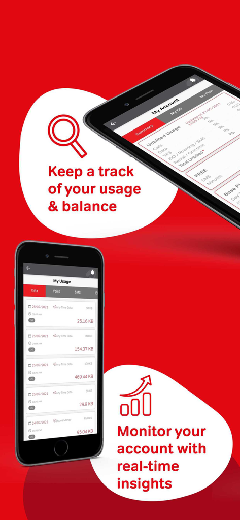 My Airtel - My Airtel app interface showing real-time account usage and balance monitoring.