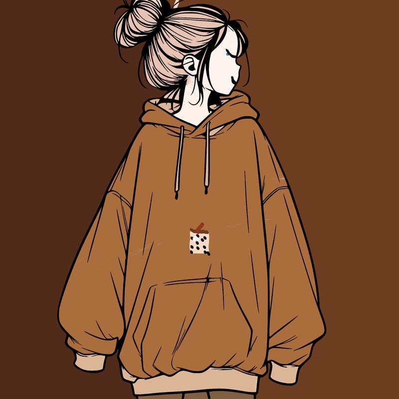 realistic girl with a oversized sweatshirt on and a bun
