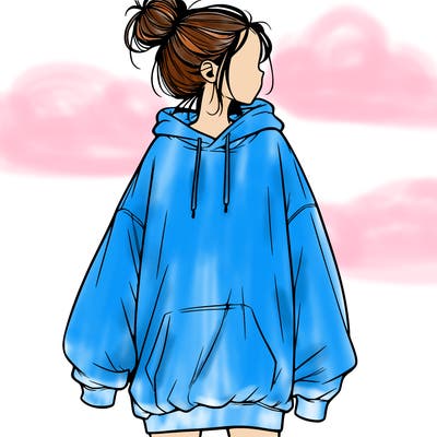 realistic girl with a oversized sweatshirt on and a bun
