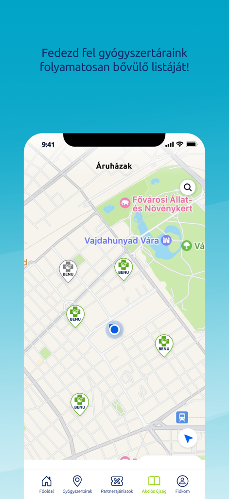 BENU Gyógyszertár - Kartenansicht mit nahegelegenen BENU Apotheken-Standorten in der mobilen App