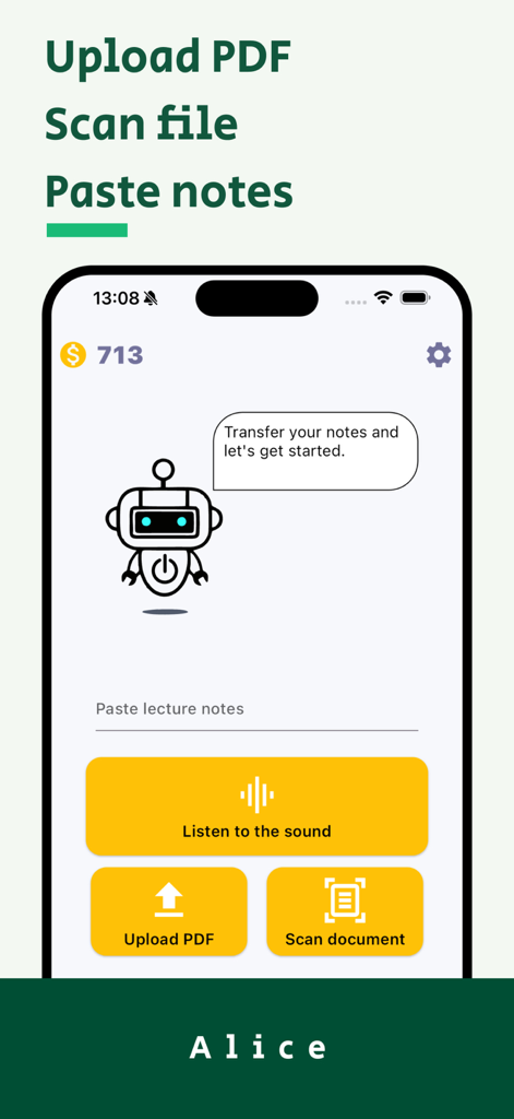 Alice: AI Note - Mind Map - Interface of Alice AI Note app showing options to upload PDF scan documents or paste notes for AI conversion