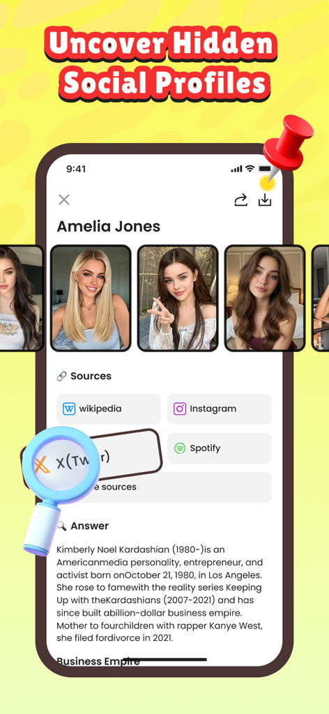 DeepCheck: AI People Finder - Interfaccia dell'app DeepCheck che visualizza i risultati della ricerca per profili social e foto nascosti