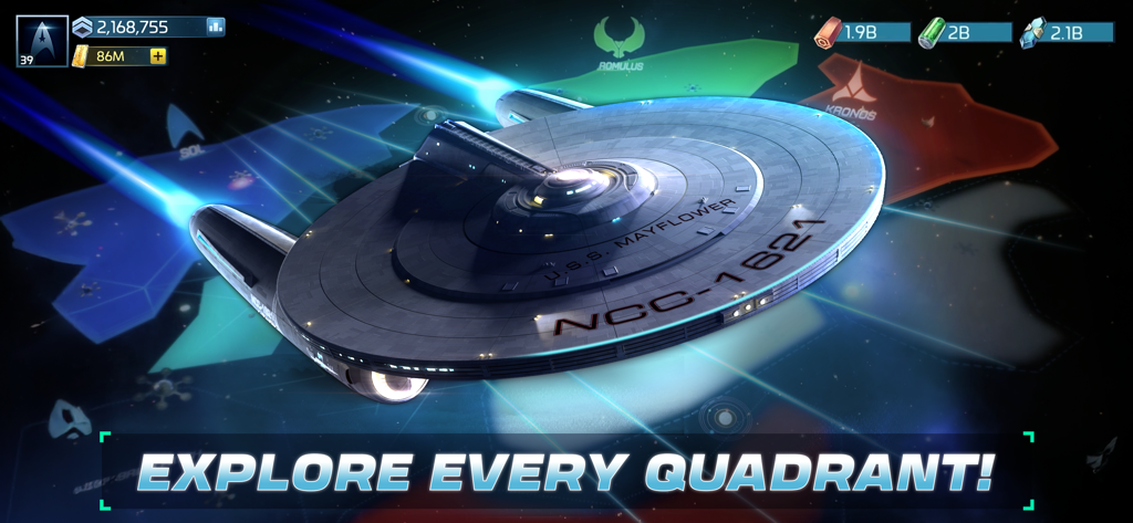 Star Trek Fleet Command screenshot of the USS Mayflower starship traveling across a galactic map with Federation Romulan and Klingon sectors