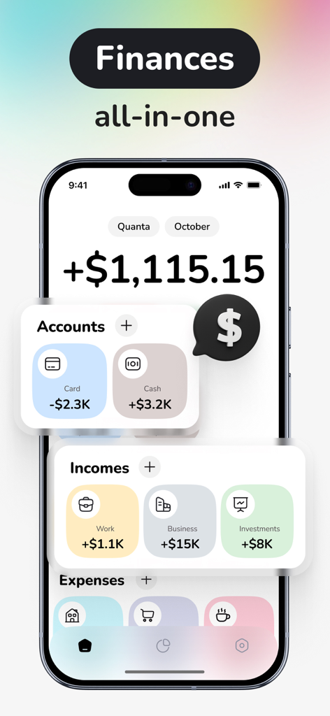 A sleek iPhone interface of Quanta AI showing a financial dashboard with total balance and categorized income sources like work and investments.